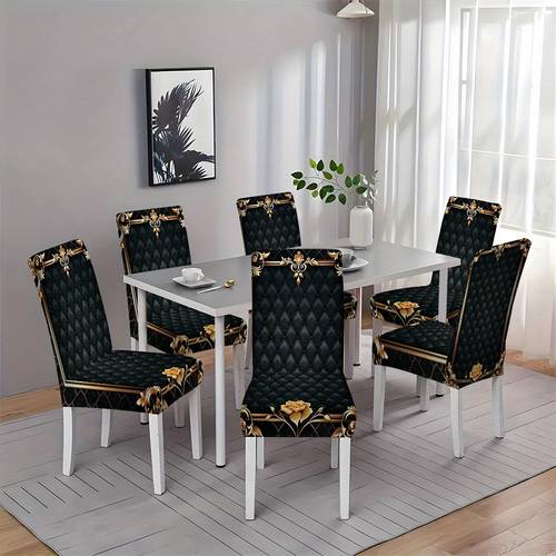 juego de mesa y sillas con estampado de patrones de black golden , 7 piezas (1 manteleta + 6 sillas) para decoración de mesas y sillas de comedor en interiores y exteriores, reuniones familiares, festivas. se puede lavar, es y reutilizable