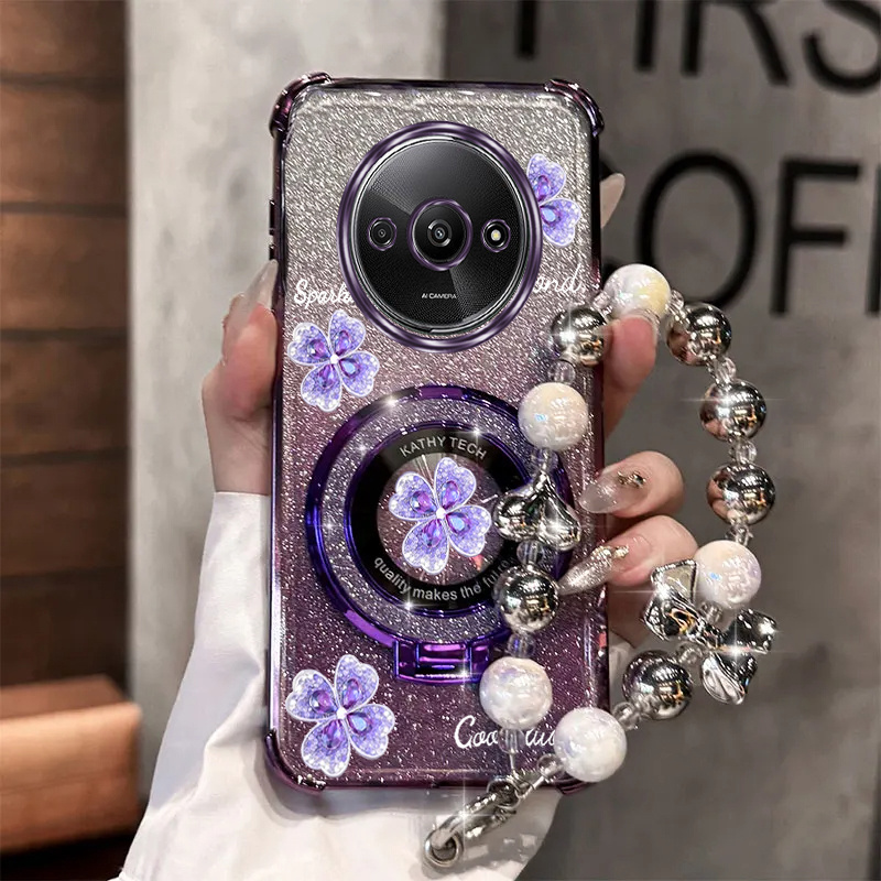 TEMU Phone Case: Pearl Wrist Strap Glitter Magnetic Diamond Purple Clover Phone Holder Case For Xiaomi Redmi A3 Redmia3 Anti-knock Shock Proof Stand