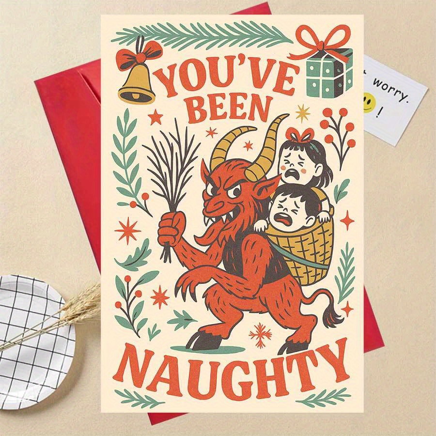 TEMU 1pc Vintage Christmas Greeting Card - Funny "you've Naughty" With & Basket Design, Festive Greenery & Bells, Christmas Gifts, Cheer, Christmas