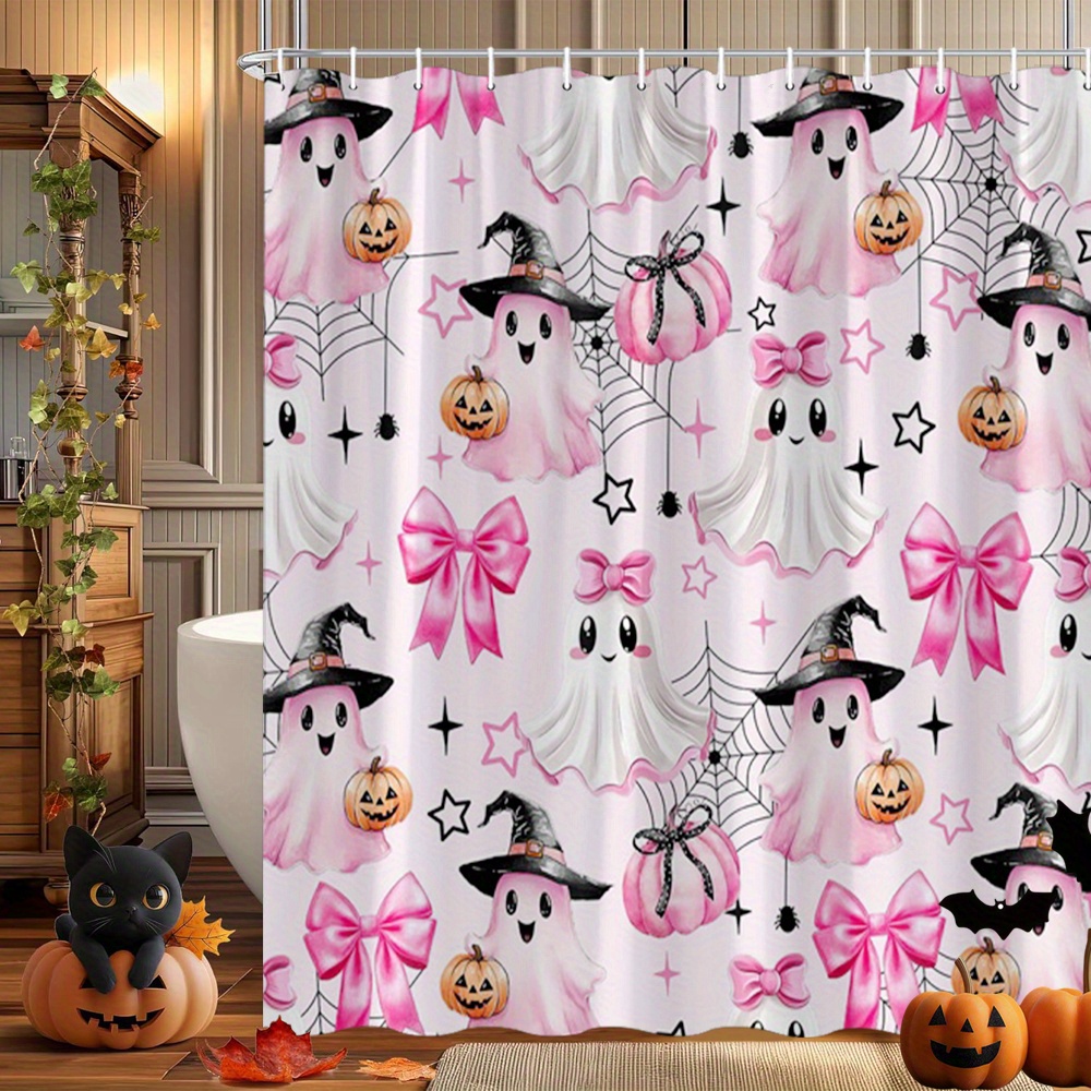 TEMU 2d Flat, 2d Flat, 1pc 2d Flat Printing Shower Curtain With Hooks - Ultra-long Halloween Shower Curtain - Cute Pink , Pumpkins, Bows, Spiderwebs,