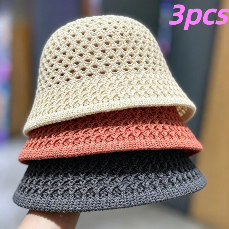 TEMU 3pcs Korean Style New Women's Summer Hollowed Out Bucket Hat, Sun, Breathable And Shading Basin Hat, Outdoor Headwear, Without Battery