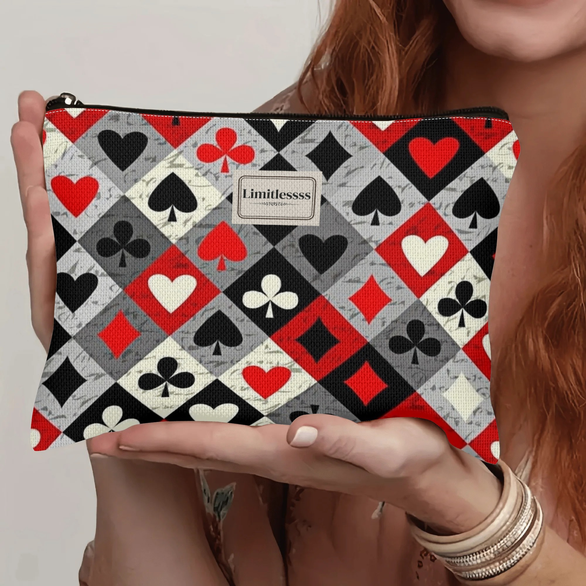 TEMU 1pc Large Capacity Makeup Bag With Card Pattern - Polyester, Safe Zipper Closure, Multi-functional Storage Pouch For Travel & Daily Use, Travel Organizer | Theme Bag | Zipper Closure, Makeup Bags