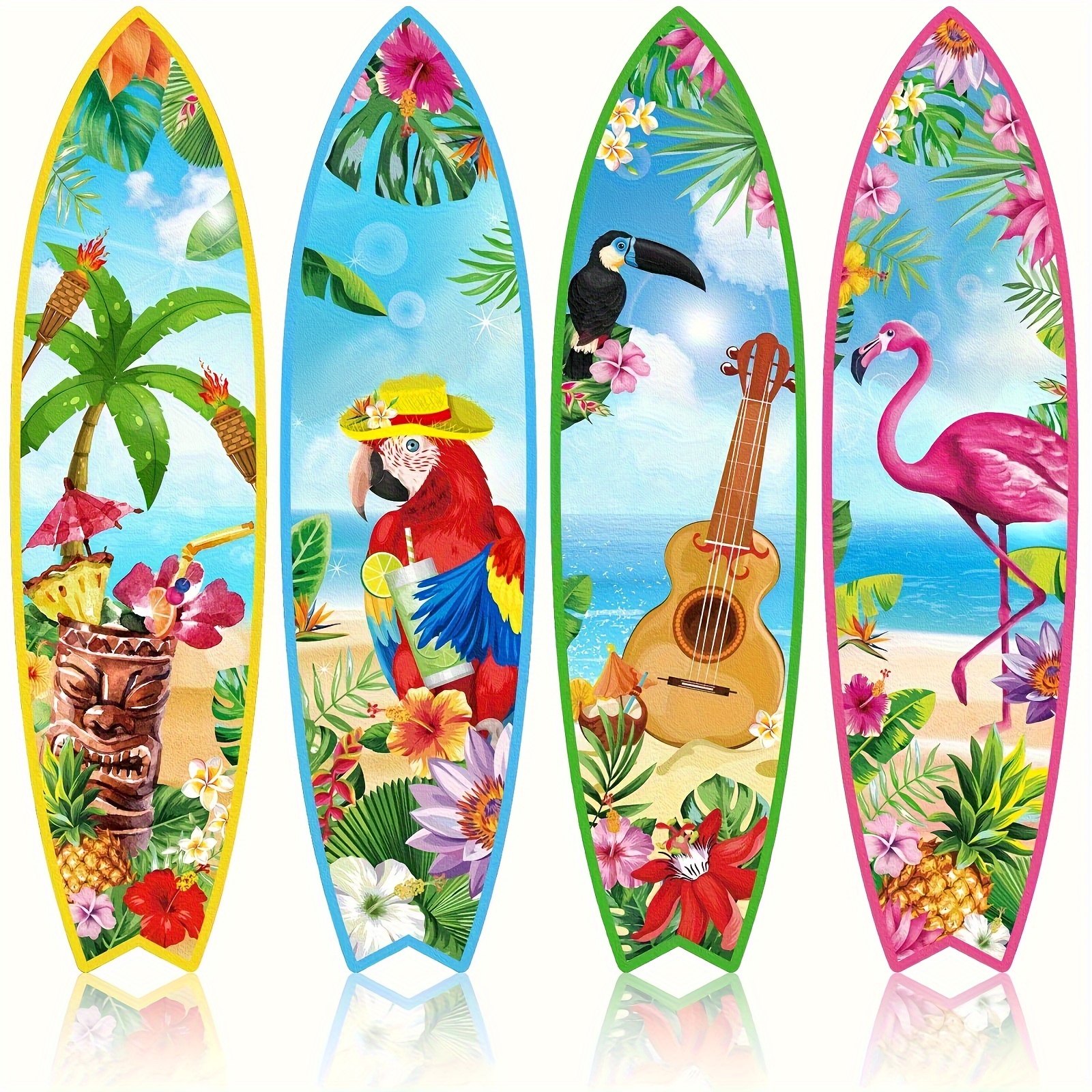 TEMU 2d Flat, 4pcs Wooden Surfboard Wall Decor Set, Beach-themed Wooden Festival Decoration, Hawaiian Party Decor For Home Bar, Bedroom, Living Room,