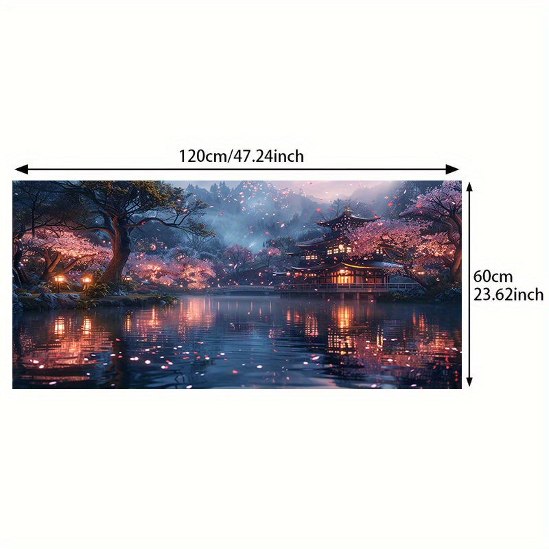 TEMU 1pc Cherry Pond Canvas Art - 23.62x47.24in Frameless Modern Japanese-inspired Scenery With Lanterns & Temples, Ink Print Wall Decor For Living