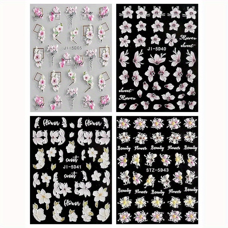 TEMU 4 Sheets, 5d Embossed Spring Nail Art Stickers, Selfadhesive Summer Flower Nail Art Decals For Dly Or Nail Salons, Nail For Women And