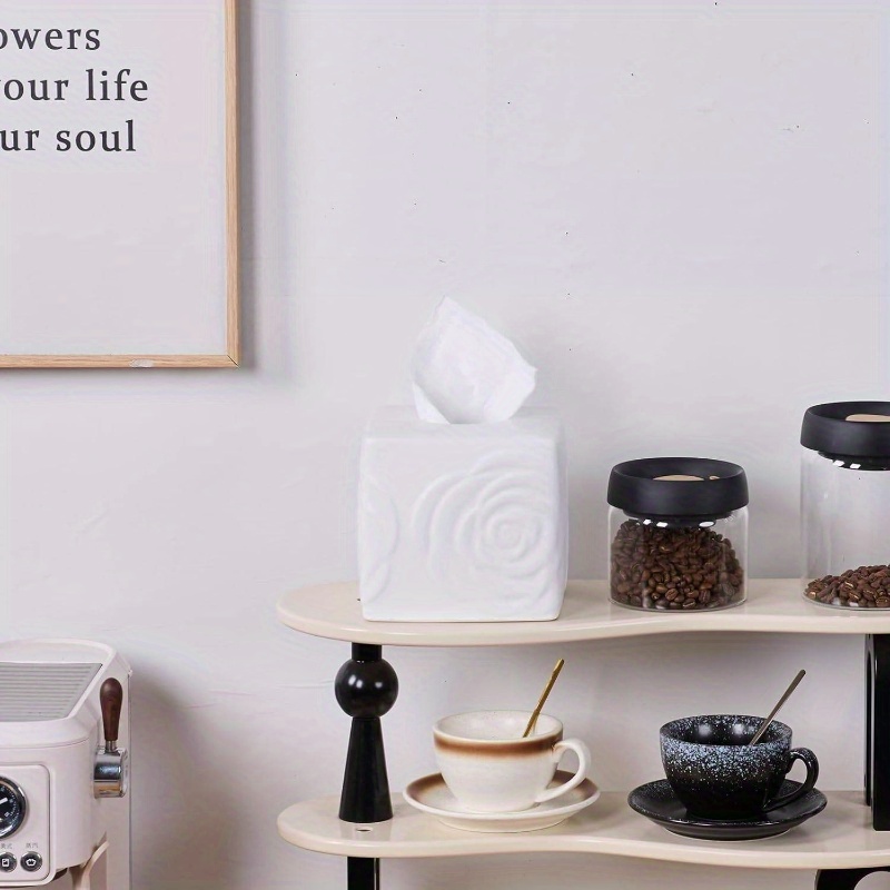 1pc elegant white ceramic tissue box holder with carved lid - large square/rectangular design, decorative lid & sturdy base for bathroom, vanity, kitchen, office - decorative storage for tissues, tissues not included - modern & traditional decor - compatible with cylindrical boxes (compatible with tissue boxes, not tissues) - ceramic tissue box cover with carved rose detailing, decorative tissue box holder, tissue holder bathroom, tissue box with storage, Product details 6