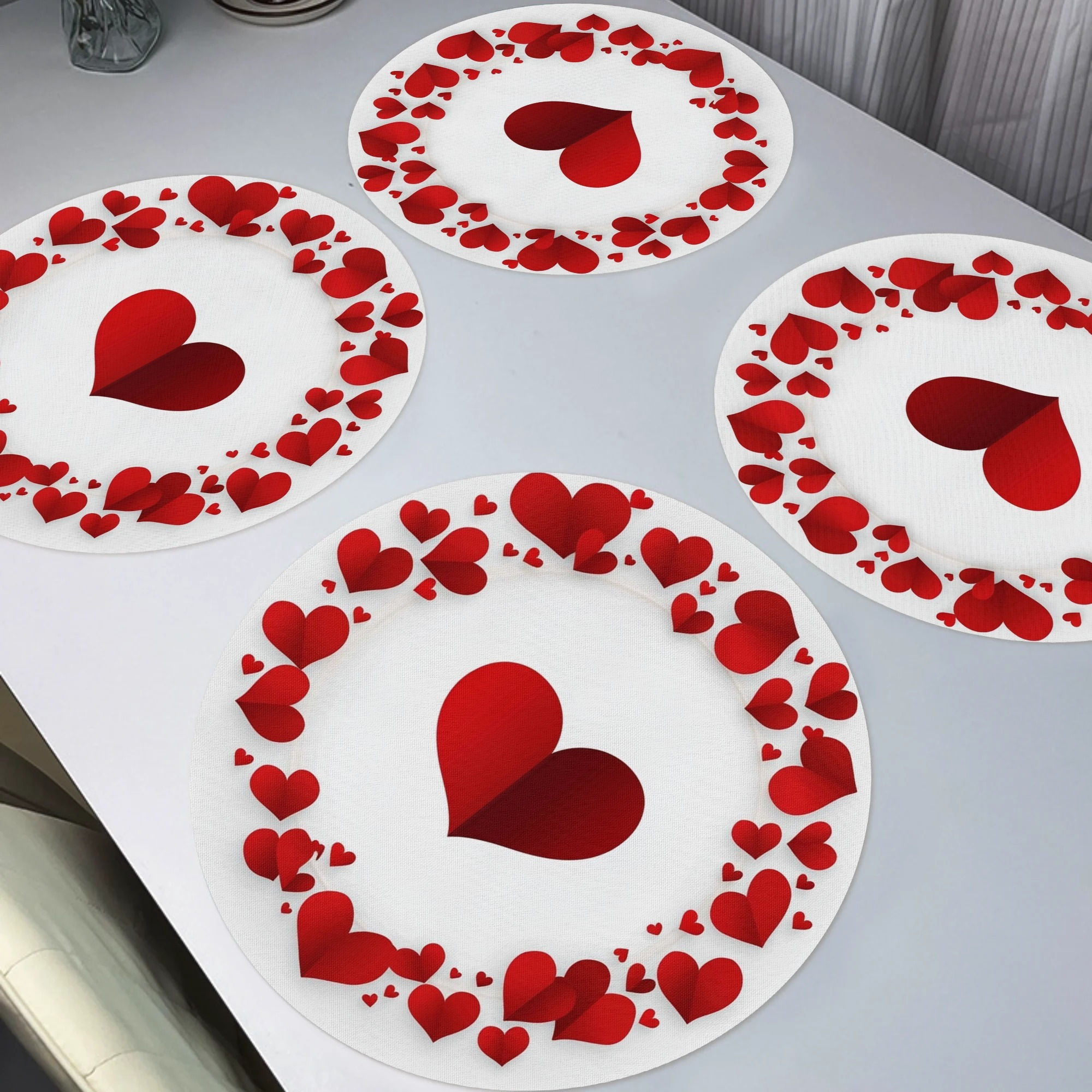 

4pcs Valentine's Day Red Heart Placemats, 15" Round Polyester Woven Non-slip Washable Table Mats For Home, Kitchen, Banquet, Party Dining Decor