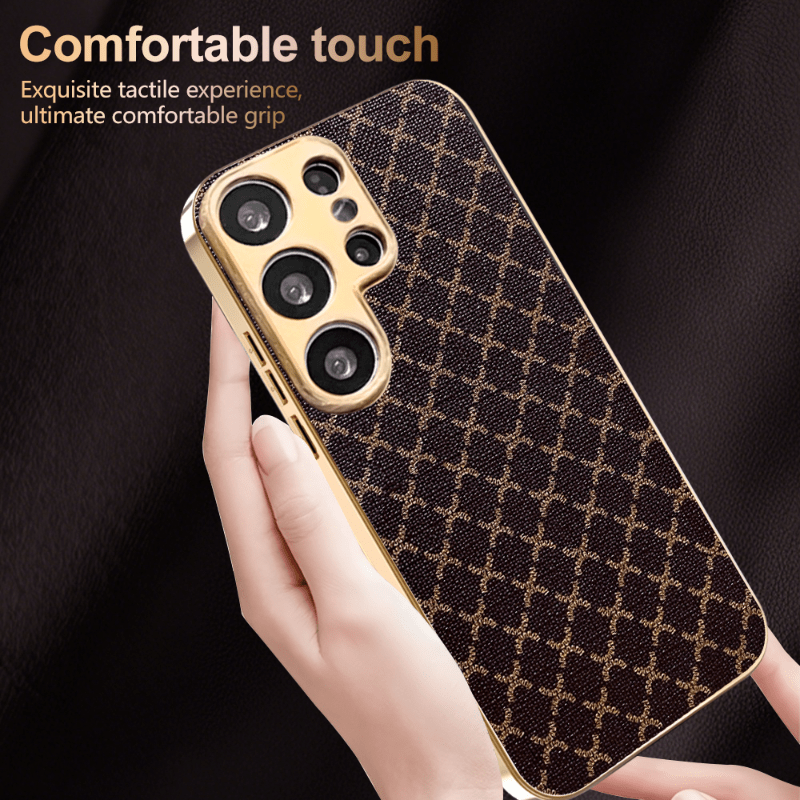 TEMU Phone Case: New High-end Electroplated Business Golden-trimmed Synthetic Leather Pu Grain Mesh Pattern 3-color Precision-hole Lens Protection