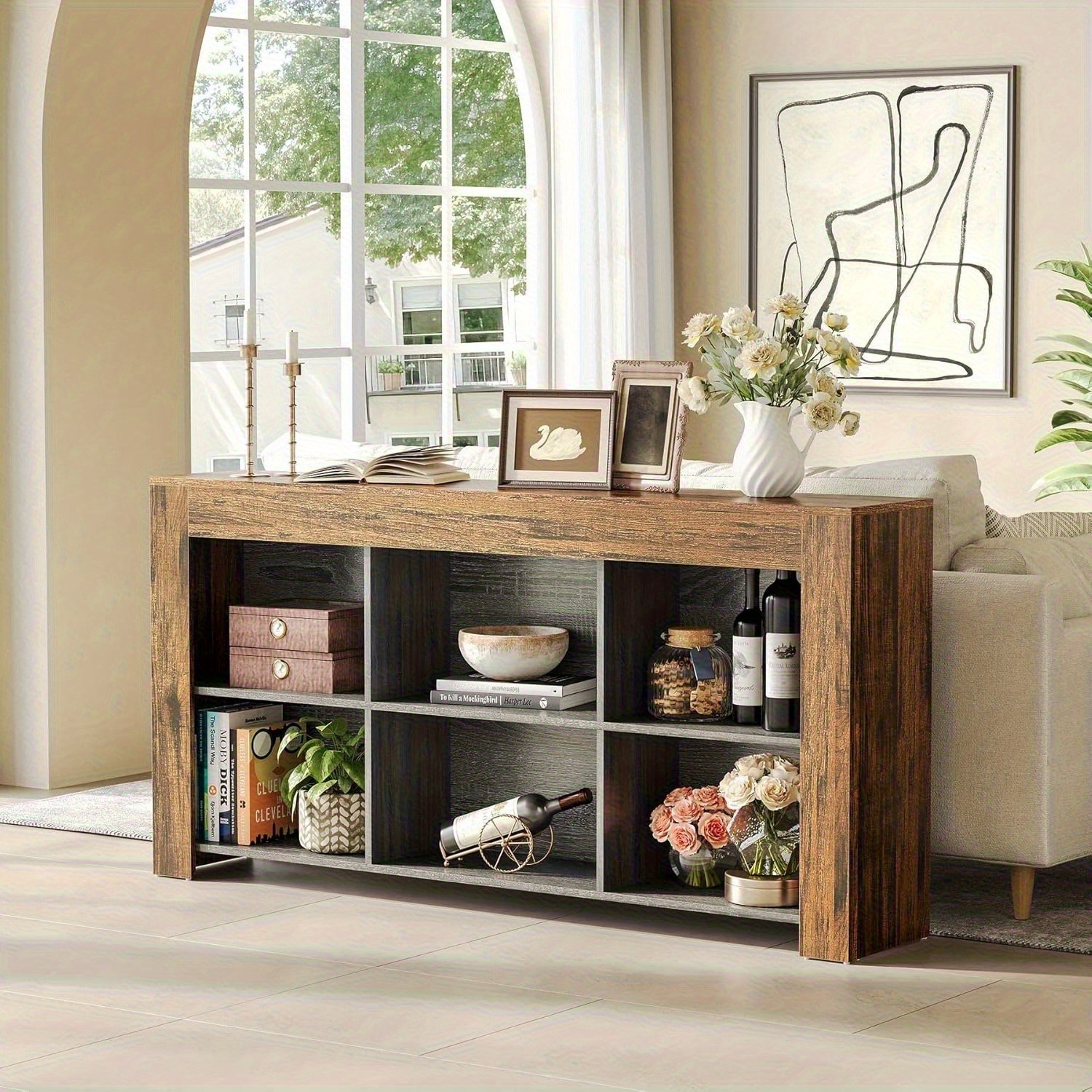 Console Table With Storage, 63-inch Narrow Long Sofa Table, Entryway Table With 6 Cubes, Farmhouse Storage Shelves For Entryway, Living Room
