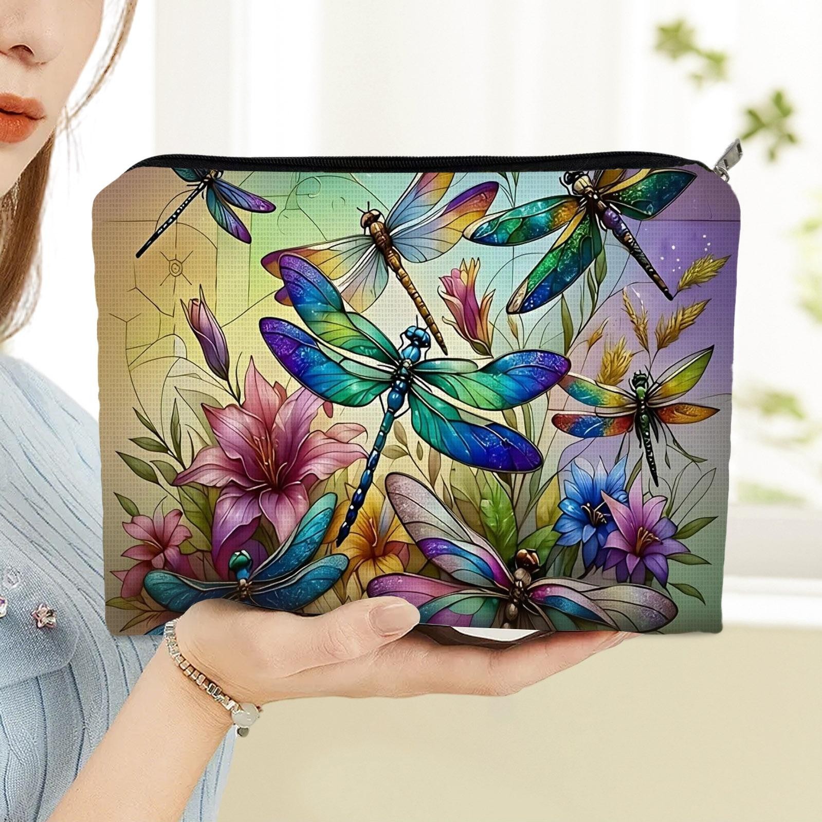 TEMU 1pc Double-sided Makeup Bag, Dragonfly And Flower Pattern, Suitable For Travel And Storage, Fashionable And Durable, For Beauty Enthusiasts,