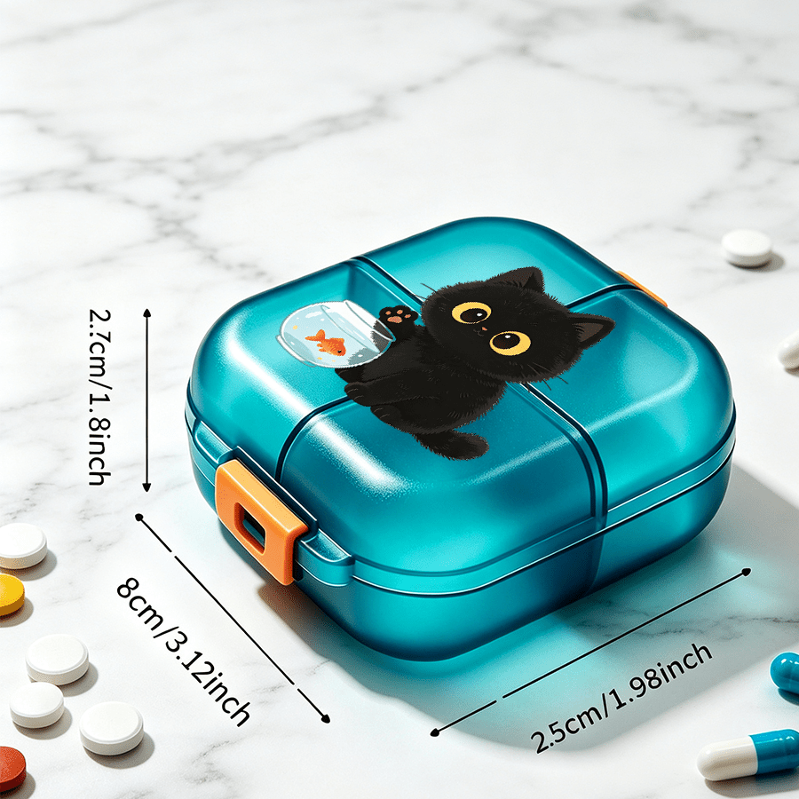 TEMU Cartoon Black Cat And Goldfish Round Portable Medicine Box, Mini Compartment Pill Organizer, Tablet And Vitamin Case, Suitable For Daily ,