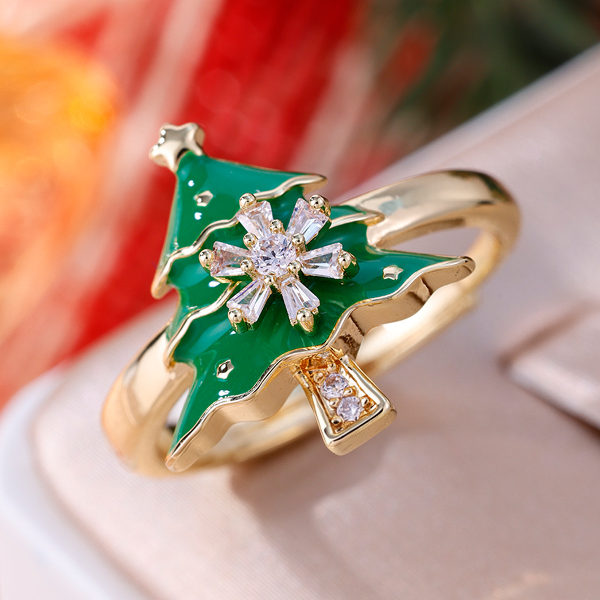 Christmas Tree Open Ring with Snowflake Zirconia, Festive Jewelry