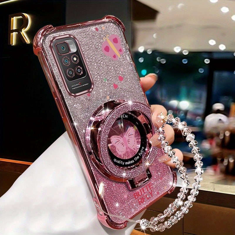 TEMU Adorable Diamond-studded Wrist Strap Phone Case Designed For Xiaomi Redmi 10, Featuring Shockproof Protection And A Stand.