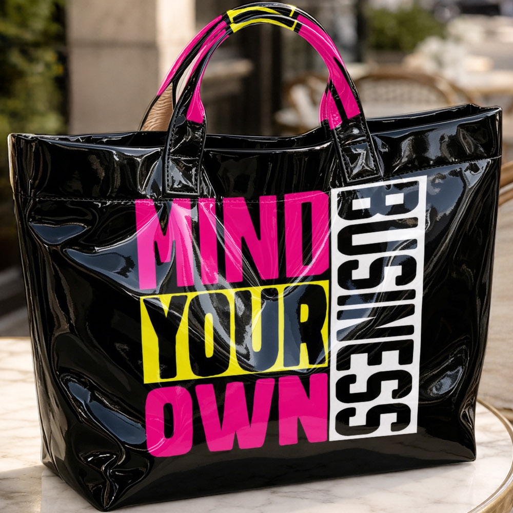 "mind Your Own Business" Pvc Tote Bag - Large Capacity Handbag With Lettering Logo, High Quality & Scratchproof Suitable For Work, School, , Minimalist With Contrasting Logo