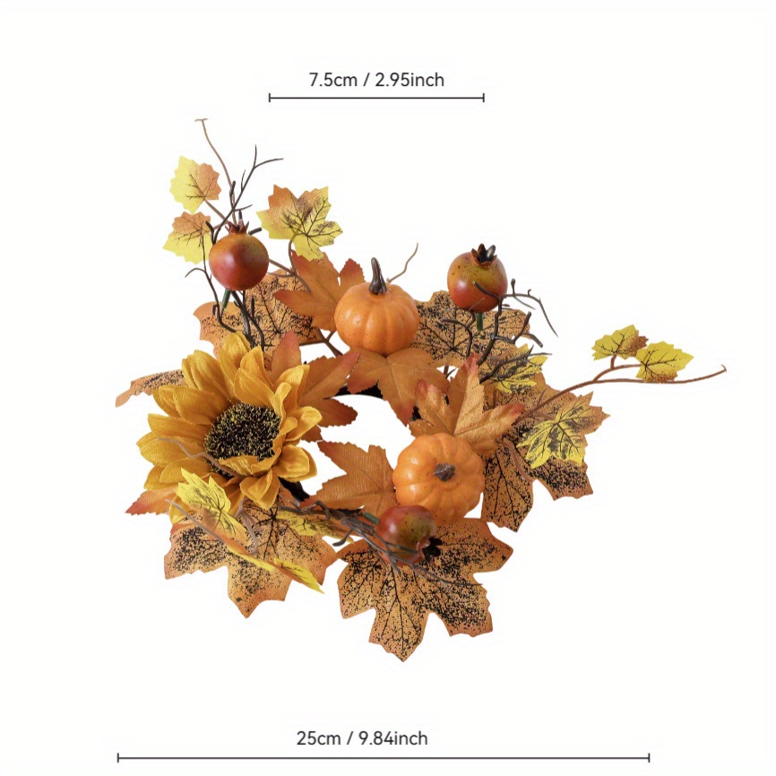 Artificial Fall Maple Leaf Pumpkin Candle Holder Mini Wreath, Thanksgiving Harvest Halloween Table Centerpiece, Autumn Home Tabletop Decor