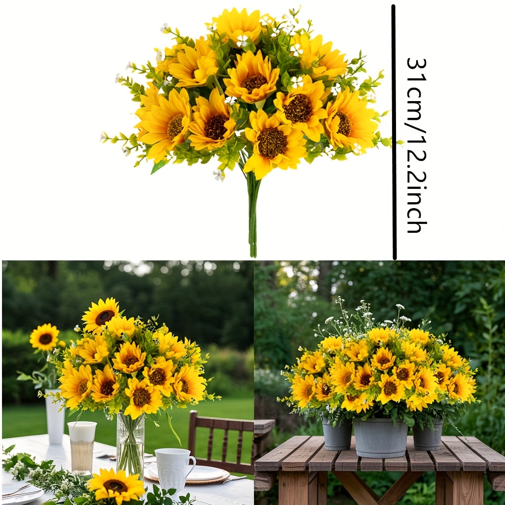 TEMU Set Of 2 Artificial Sunflower Arrangements, With Green Leaves, Suitable For Indoor And Outdoor Decoration, Perfect For Weddings, Celebrations,