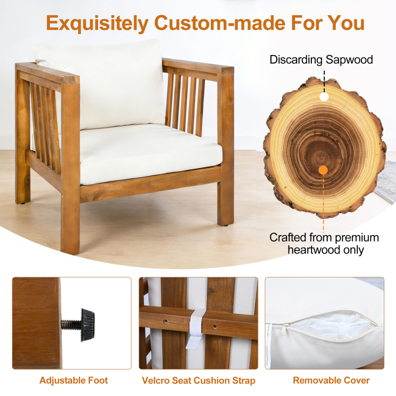 Outdoor Acacia Wood Club Chair with Modern Square Arms, Patio Chair with Thick Cushion, Adjustable Leveling Feet for Poolside, Backyard And Deck, Beige Cushion