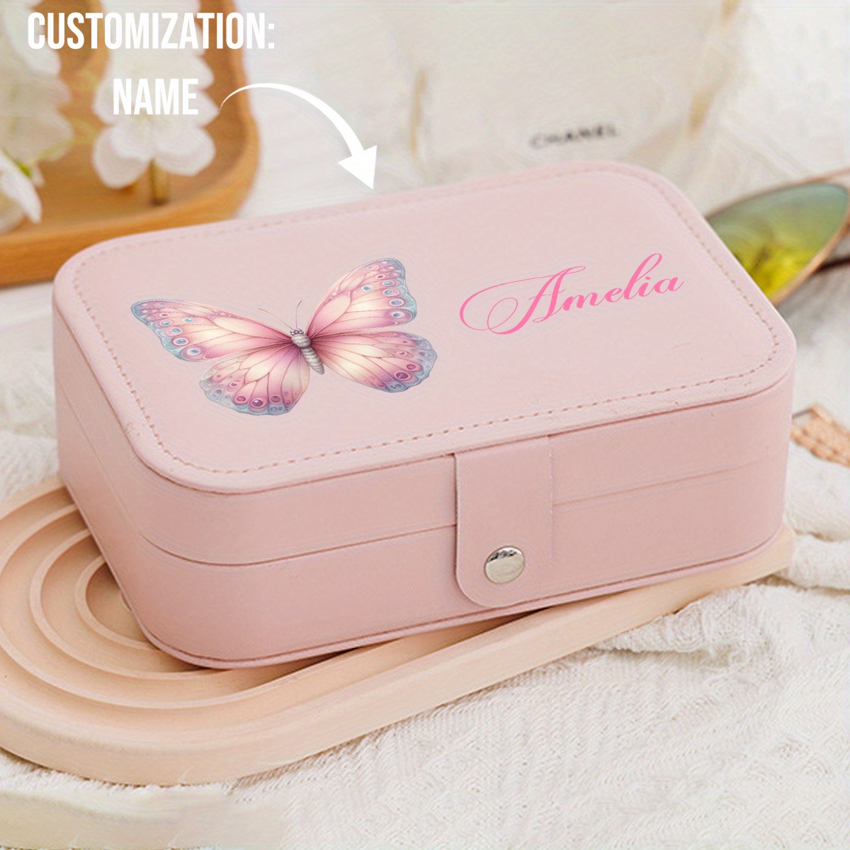 TEMU 1pc Custom Pink/white Leather Jewelry Box With Name Engraving - Elegant Embellished Lid, Snap Closure, Soft Faux Leather - Storage Case For