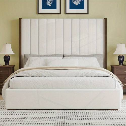 67. Headboard Upholstered King Size Bed with Vertical Striped and Wingback Spring Needed Linen