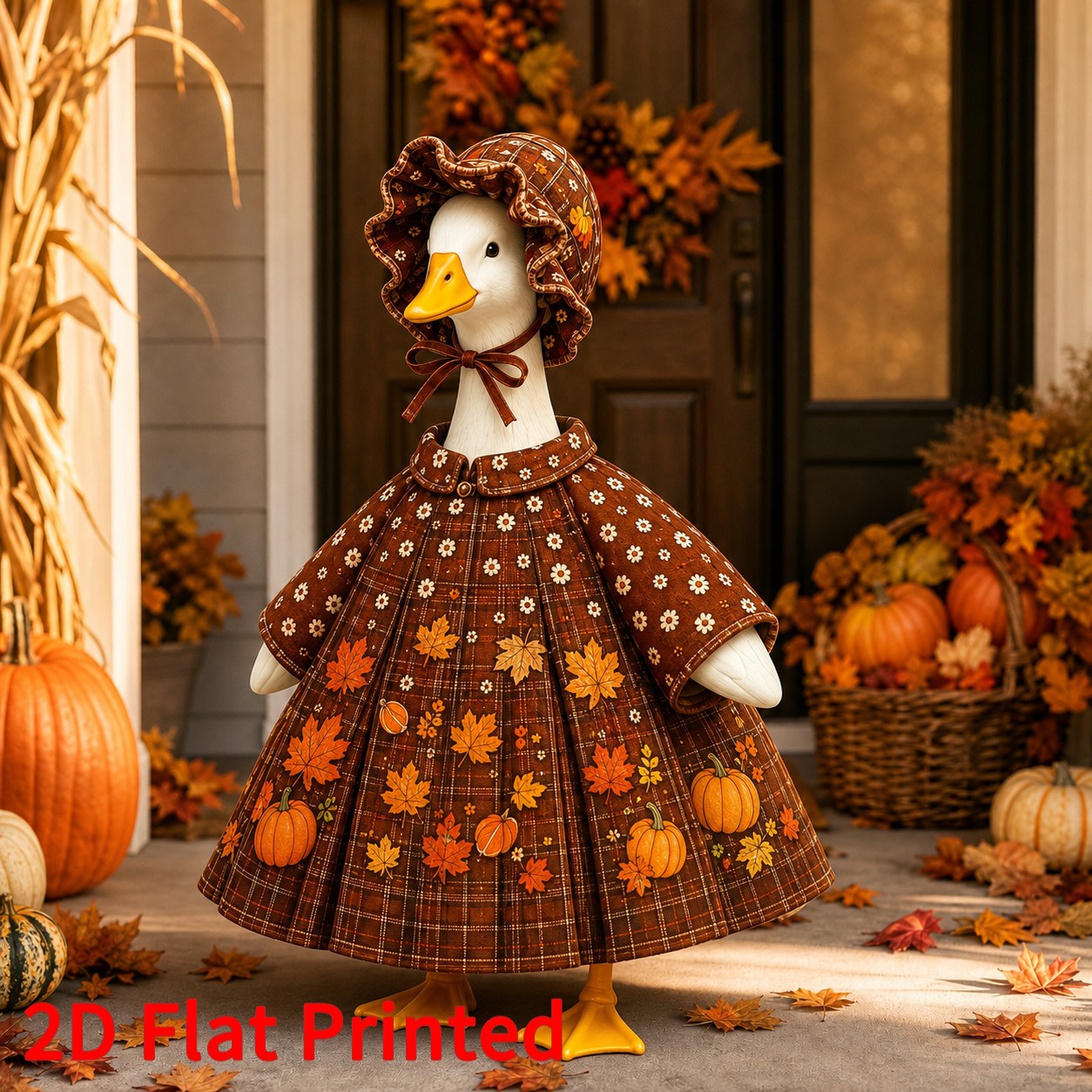 TEMU Fall Thanksgiving Porch Goose Outfit For 23-inch Porch Goose, 2d Flat Print Pumpkin Maple Leaf Plaid Dress With Bonnet, Seasonal Goose Clothes,