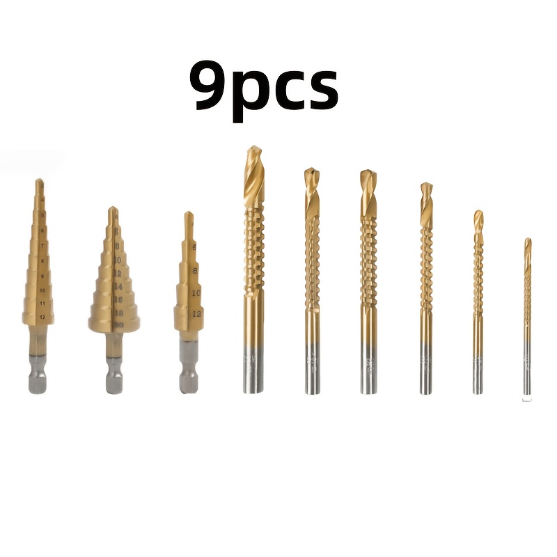 Image of 9pcs Step Drill Bit Set, Universal Metal Drilling Kit With Tower-type Multi-level Hole Opener For Woodworking And Core Drilling - Core Boring Tool
