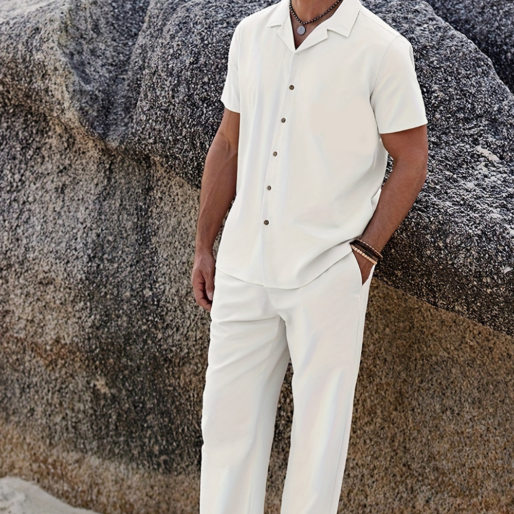 TEMU A Two-piece Outfit For Men Featuring A Plain Color, Consisting Of A Short-sleeved Shirt With A Collar And Drawstring Trousers, Made From Breathable Fabric, Ideal For, Summer, Autumn, And Winter