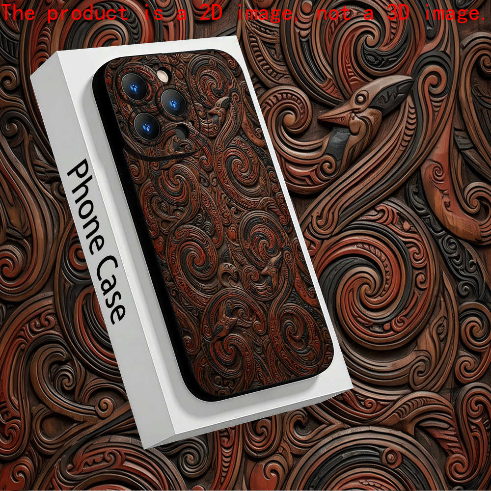 TEMU Phone Case: 2d Flat Phone Case- 2d Flat Printed Tpu Phone Case Maori Polynesian Koru Swirl Carved Wood Pattern Suitable For Iphone 17, 16, 15,