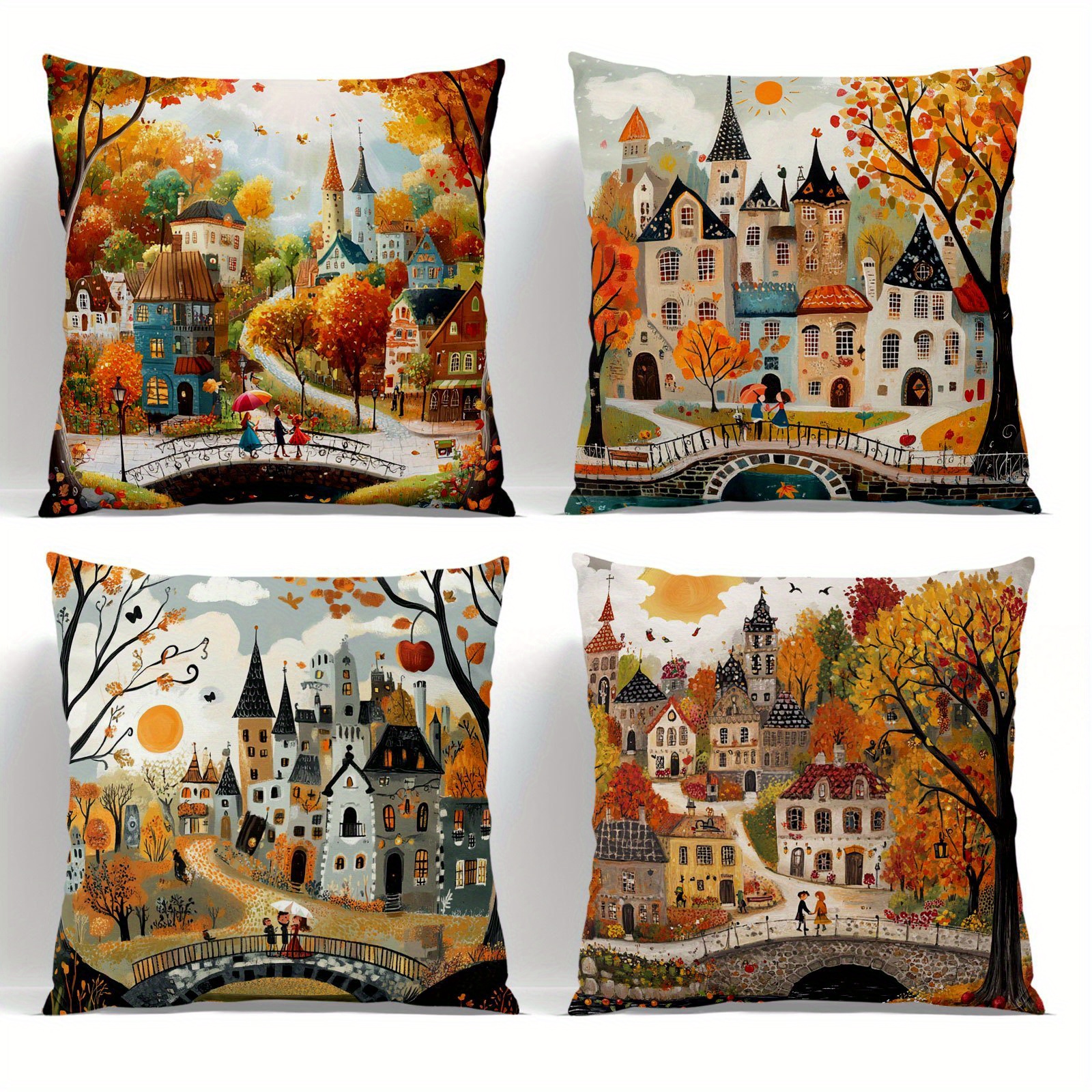 TEMU 4pcs Autumn Themed Decorative Pillowcases, Featuring Printed Patterns Of Fairytale , Buildings, Characters, , And Other Elements. In Multiple