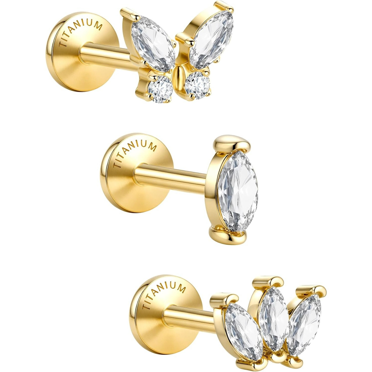 Image of 2d Flat - Set Of 3 G23 Titanium Flat Back Stud Earrings, Hypoallergenic, Internally Threaded, Suitable For Tragus, Cartilage, Conch, And Helix Piercings, Ideal For Sensitive Ears For Women And Men