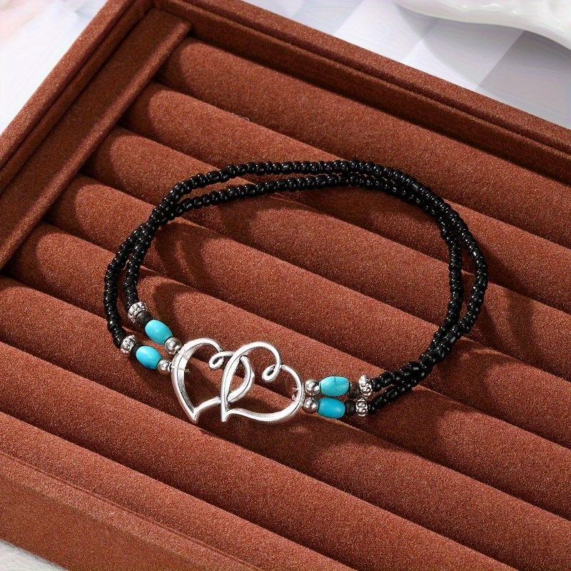 4pcs Boho Chic Beaded Anklet Set, Multicolor Heart Design