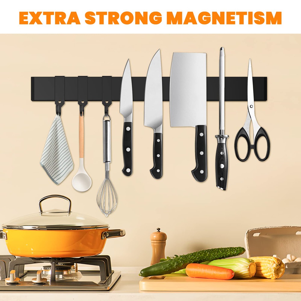Image of 40cm Magnetic Knife Holder In Black, Includes Adhesive Backing, Screws, 3 Hooks, And Non-slip Stickers For Versatile Installation.