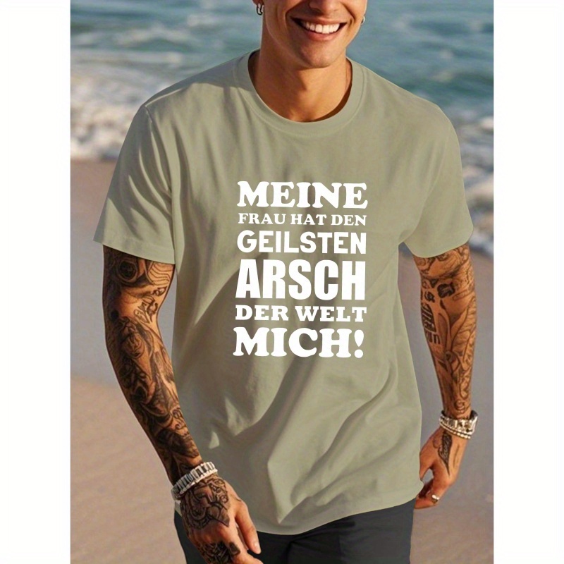 

Men's Casual German Quote T-shirt - "meine Frau" Text, Short Sleeve, Polyester, Round Neck, Machine Washable Summer Top In Dark Color