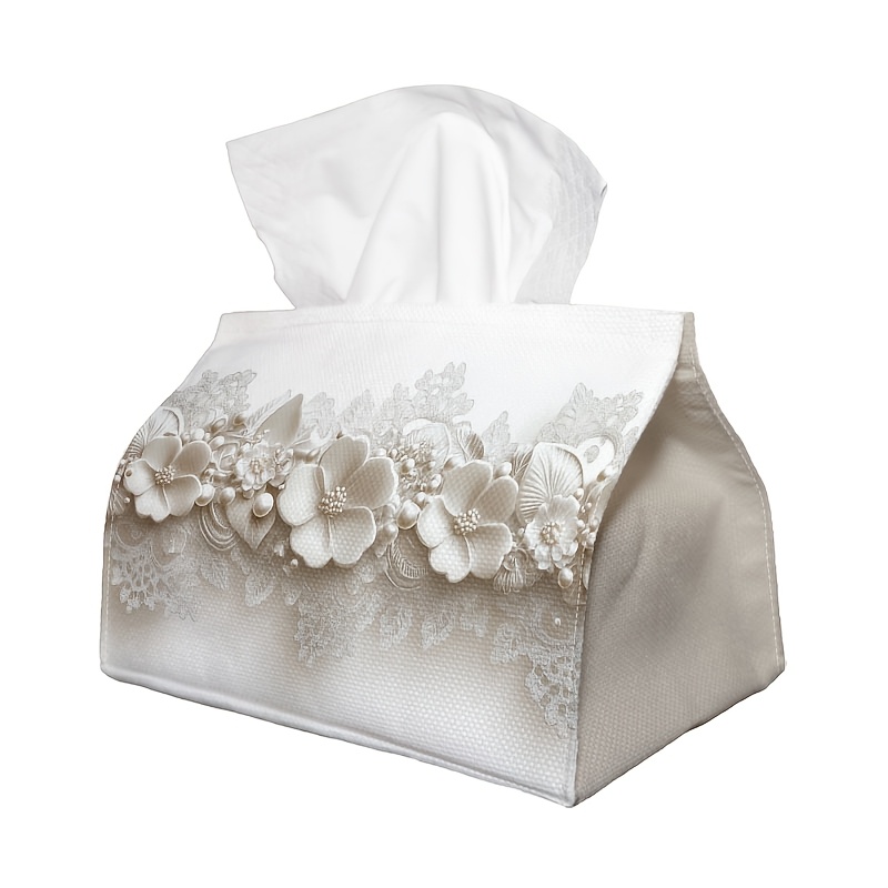TEMU 1pc Small Tissue Cover Luxury Floral Tissue Holder Features A White Design, Making It Perfect For Decorative Storage. Suitable For Home Decor ,