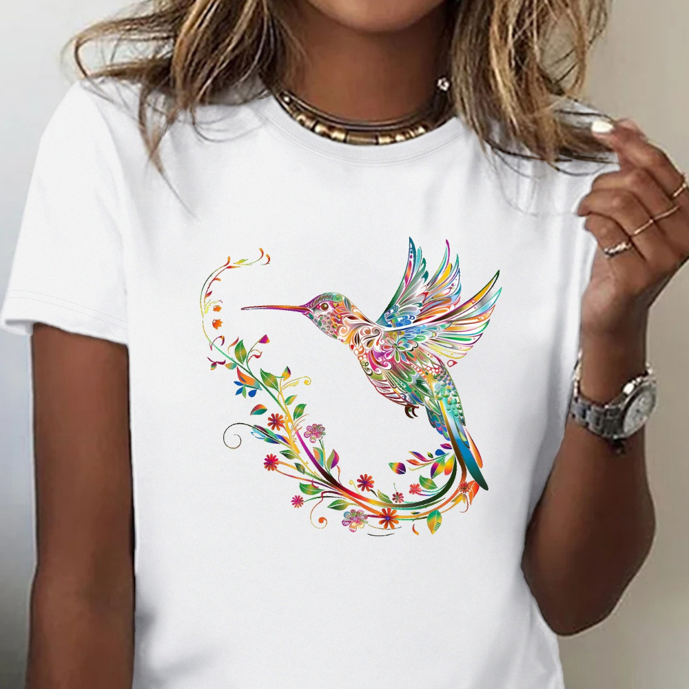 

Women Hummingbird Neck Short Sleeve T-shirt Trendy Graphic Tee Tops