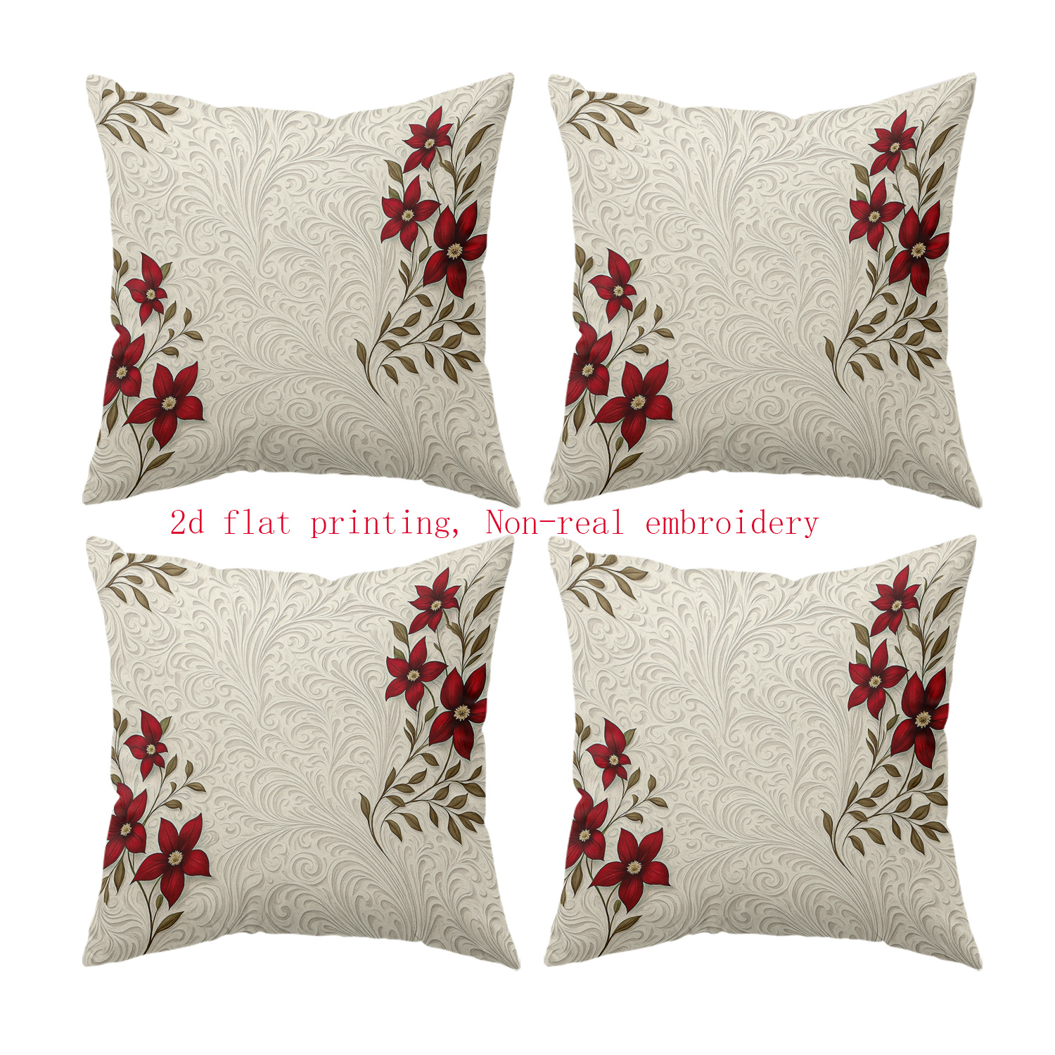 TEMU 4pcs Set, 2d Flat Printing, Elegant Floral Pattern Pillowcases With A Festive Style, Featuring Red Flowers And Gray Patterns That . Non-real