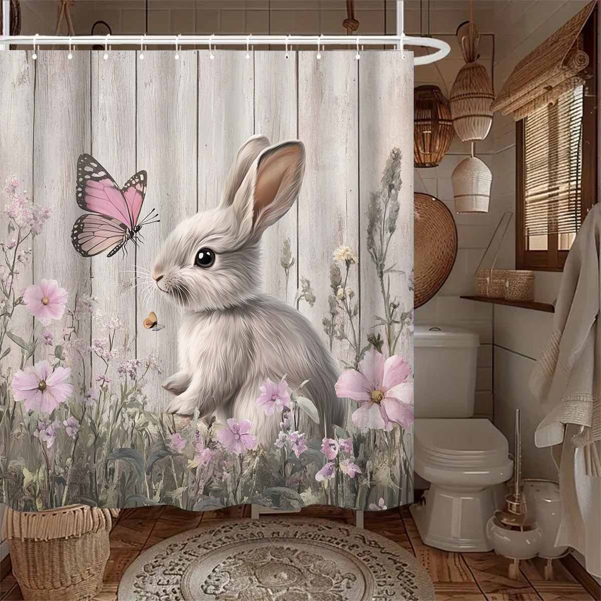 

1pc Cute Bunny Series For Easter Shower Curtain - With 12 Hooks, Machine Washable, Suitable For Bathroom Decor And Home Decor