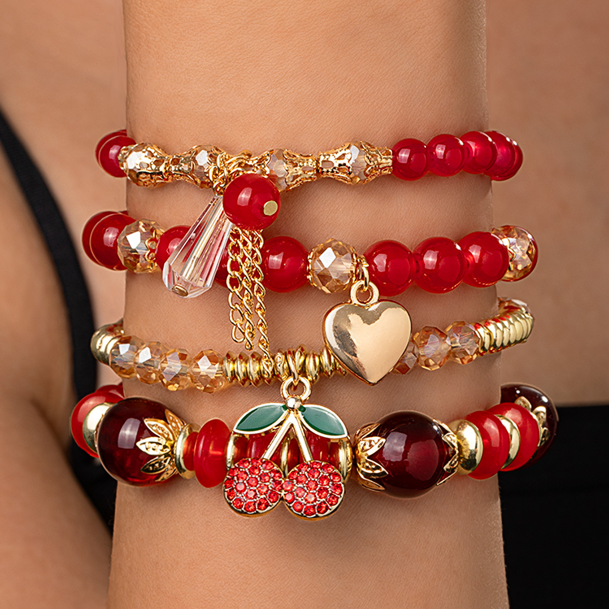 Set Of 4 Cherry Heart Bead Bracelets - A Stackable Design Featuring A Heart Charm, Wear And Special Occasions, Ideal As A Valentine's Day Present For Women