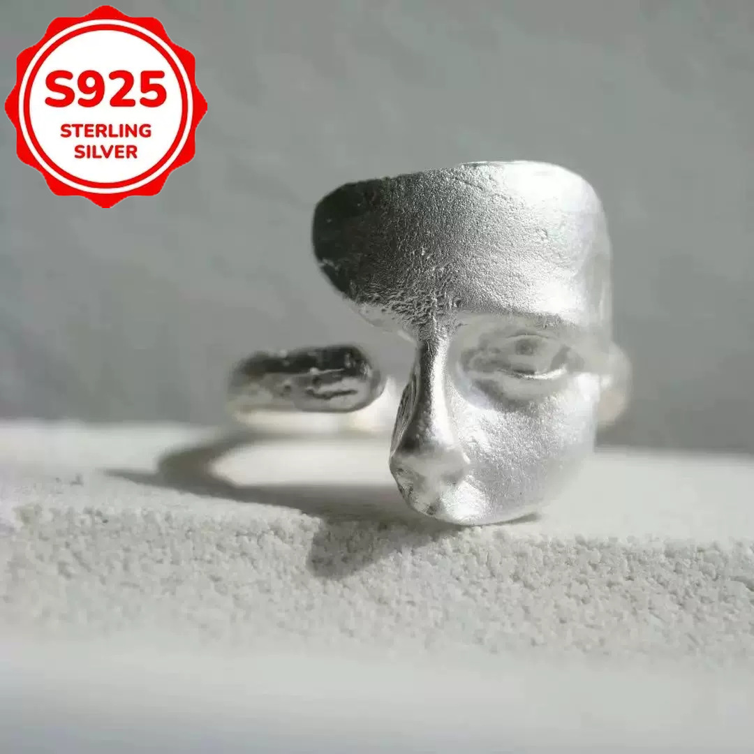 TEMU S925 Silver Minimalist Personalized Handmade Burnt White Texture Mask Ring, Versatile Clothing, Exaggerated Suitable As A Gift For Daily Parties