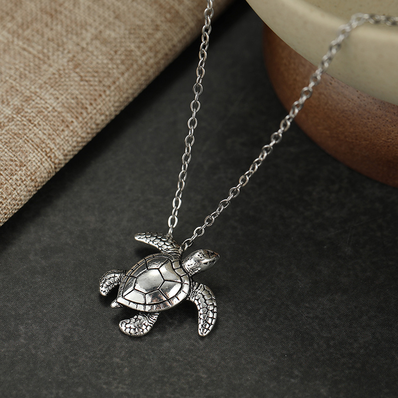 TEMU Vintage Cute Sea Turtle Pendant Necklace For Women, Retro Textured Animal Turtle Charm Chain Necklace, Bohemian Daily Jewelry, Fashion Accessory