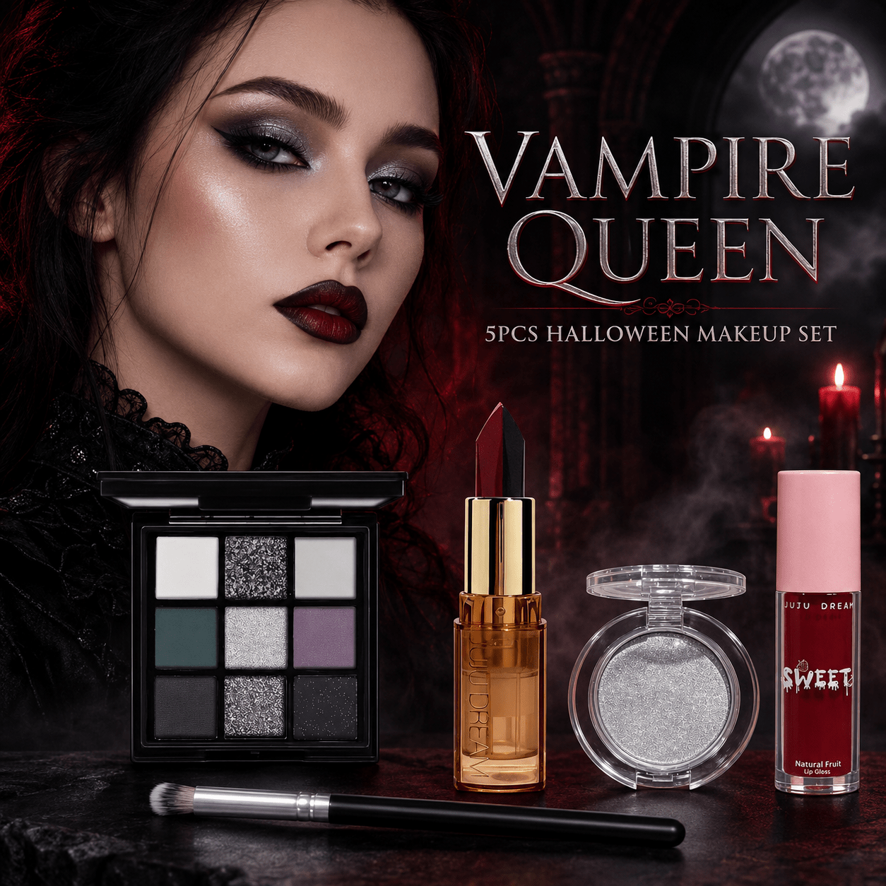 Image of 5pcs Vampire Queen Halloween Makeup Set, 9-color Black Silvery Smoky Eyeshadow Palette, Red Black Lipstick, Red Lip Gloss, Silvery Highlighter And Makeup Brush