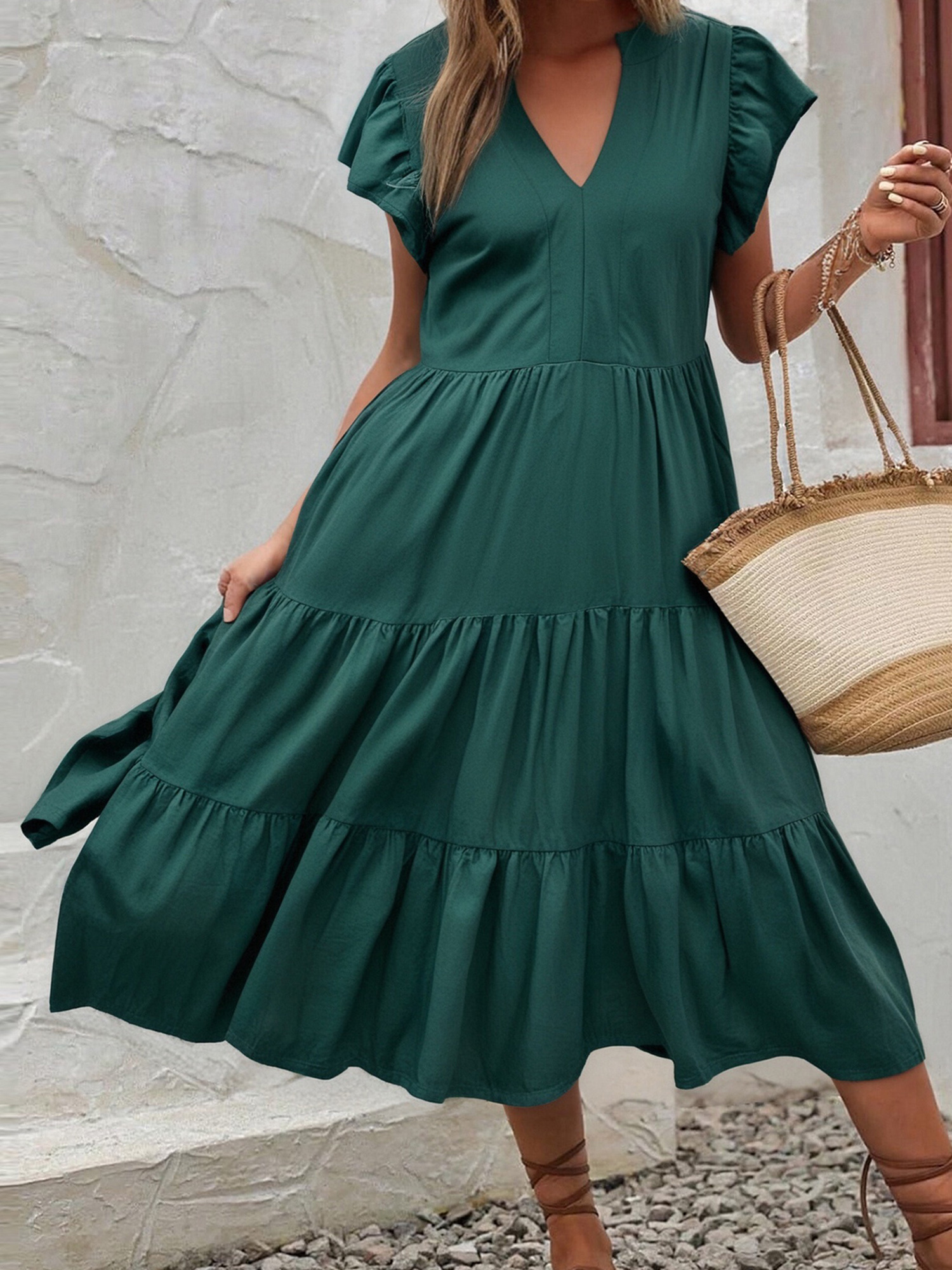 Women's Summer Casual Dress - Short Sleeve V-Neck Tiered Midi Dress, Flowy A-Line, Beach & Work Wear