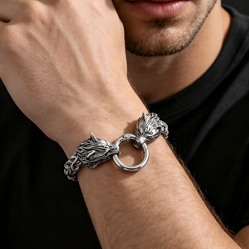 Men's Double Wolf Head Stainless Steel Bracelet, Retro Style