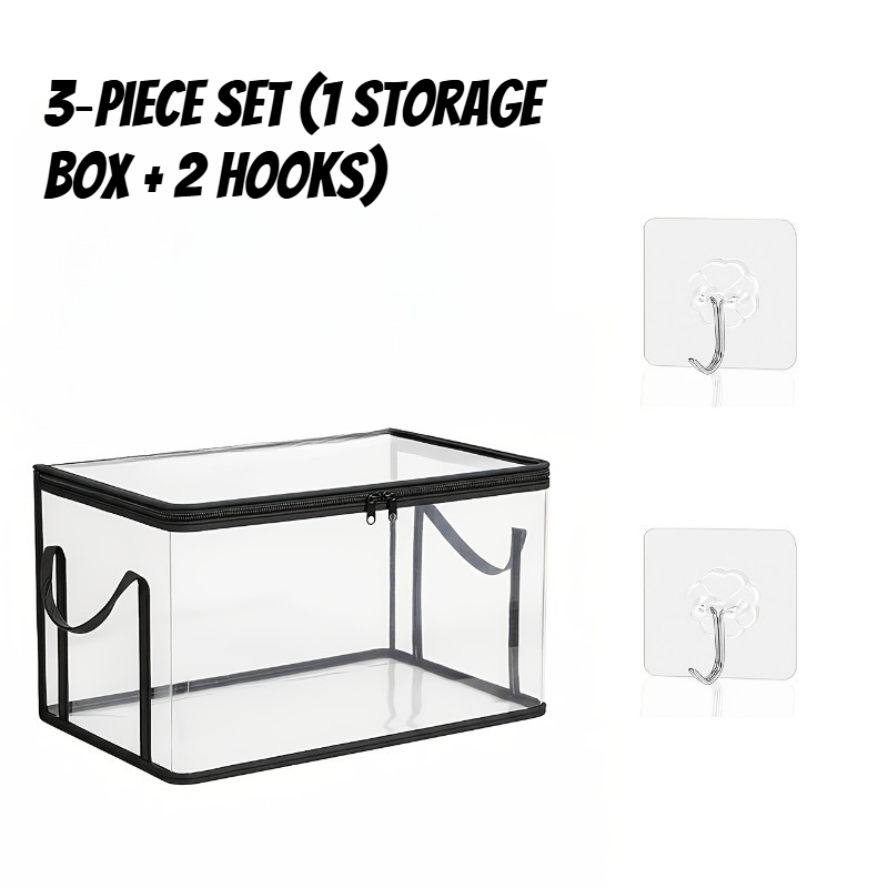 TEMU 3pcs Set (1pc Storage Box And 2pcs Hooks) Heavy-duty Thick Transparent Storage Box, Tray-style Lid, Large Capacity For Books And Clothes -