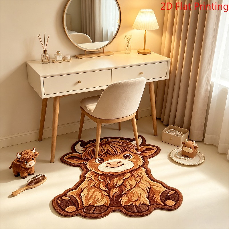 TEMU 2d Flat, 2d Flat, 1pc Velvet 850g/mÂ² 9mm Bathroom Anti-slip Mat, Short Pile 2d Printed Non-long Pile Warm Brown Curly Cute Highland Cow Plush