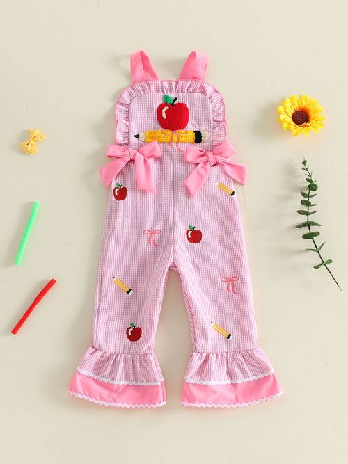 girls pencil embroidery overalls jumpsuit with plaid bow suspender pants back to school outfit machine washable bow detail pants suitable for casual attire outdoor