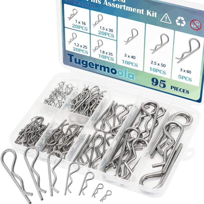 95pcs Heavy-duty 304 Stainless Steel Hook Pin Clamp And Split Pin Set - 7 Sizes Of Fixed Pins, Clamp Suitable For Tractors, Trucks, Trailers, Lawn Mowers, Rvs, Boats - -resistant Spring Fasteners