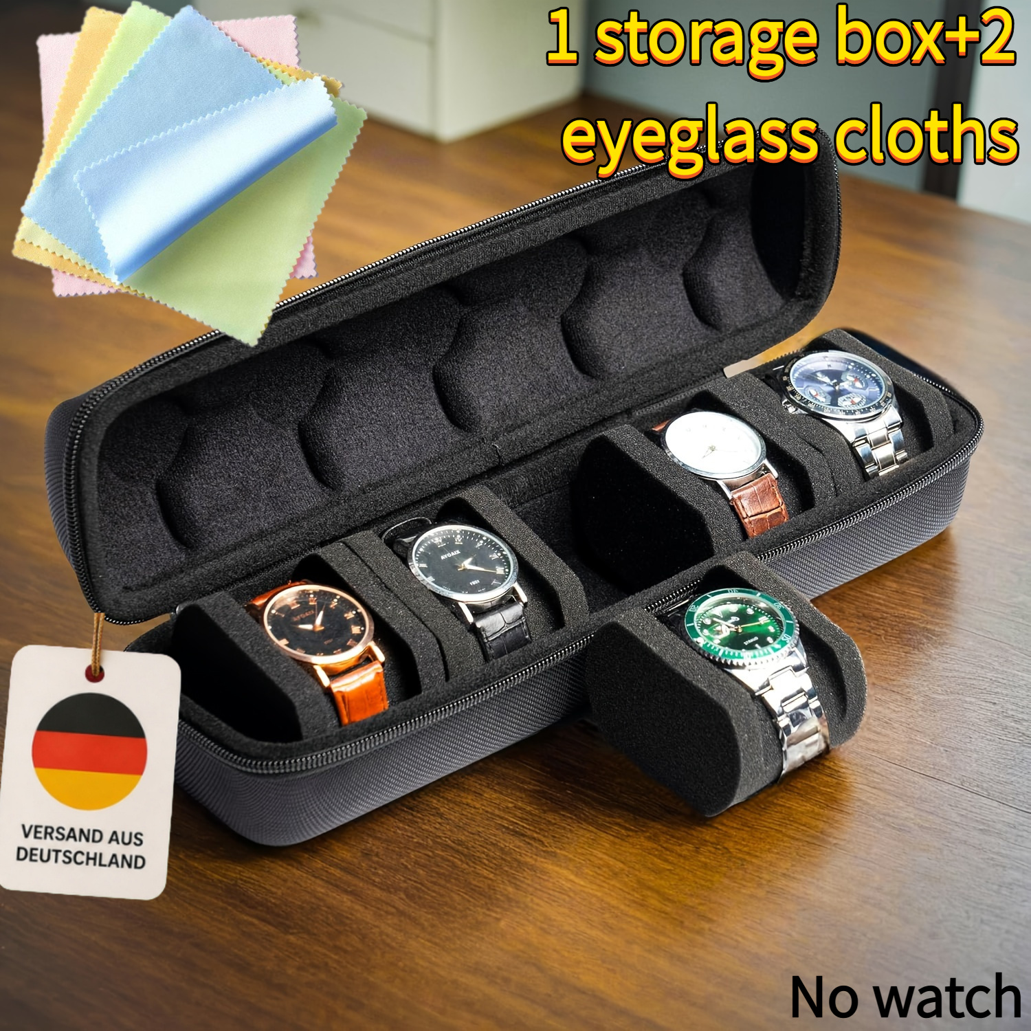 Image of 3pcs 5 Compartment Hard Watch Box With 2 Random Color Eyeglass Cloths, Built-in And Handle, Portable Watch Storage Bag For Men Women