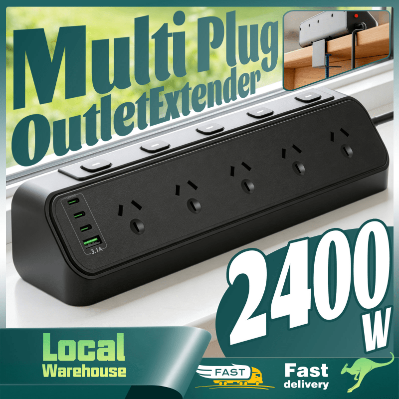 TEMU Desk Clamp Power Board - Powerboard Individual Switch Usb C | 5 Ac Outlets, 4usb Ports, Extension Cord Protected, 2400w Overloard Protection,