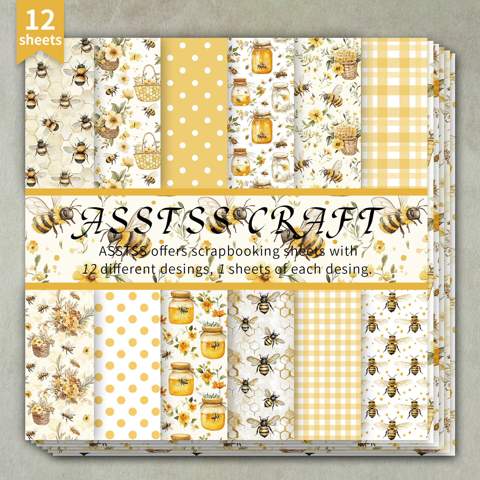 Image of 12-sheet Asstss 6*6-inch Scrapbooking Paper Pad, Warm Honeybee & Apiary Watercolor Backing Paper Supplies, Heavyweight Cardstock For Journaling, Collage Art, Greeting Cards, & Crafts, 6"x6" Pack