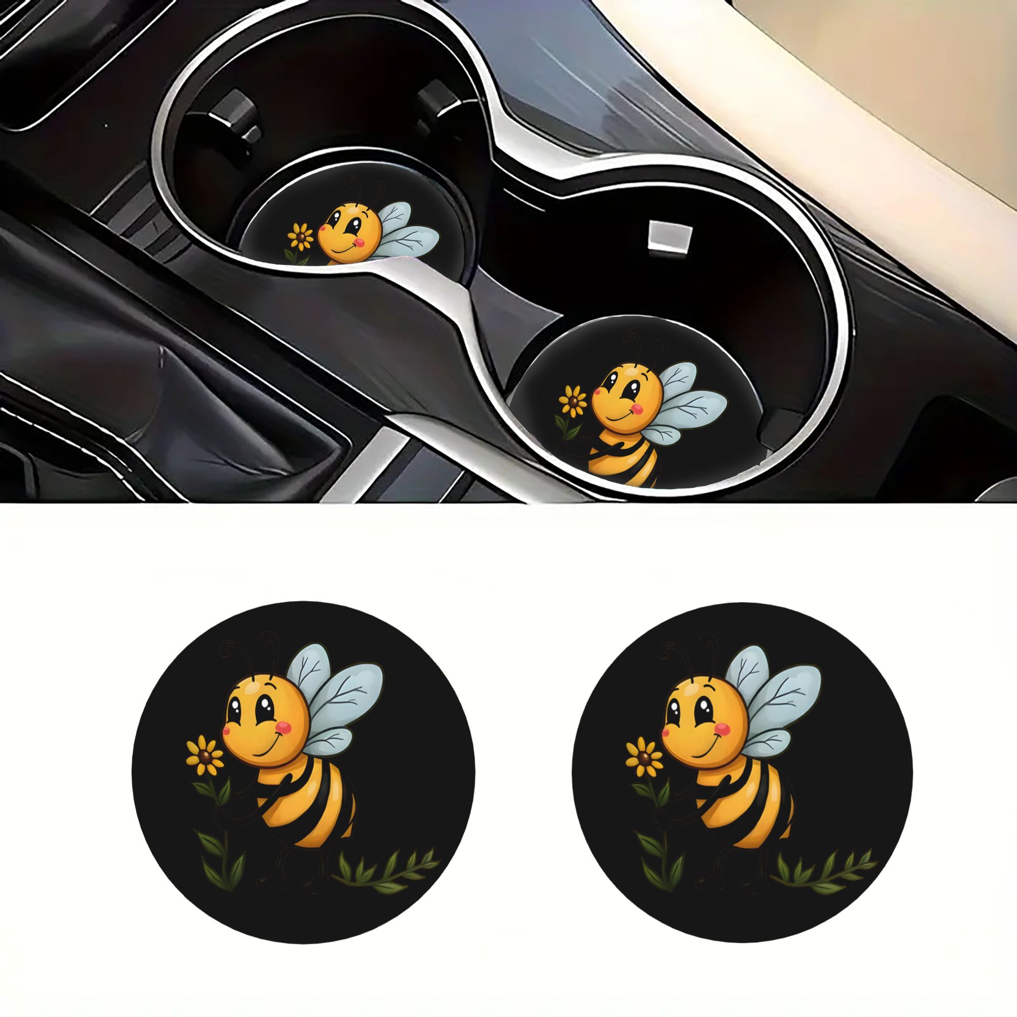 TEMU 2pcs Cute Bee Sunflower Fresh Pattern Car Cup Coasters Non-slip Cup Holder Mats (unisex) Universal Vehicle Accessories Interior Decor